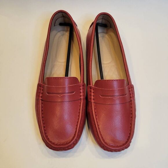No Brand Shoes - Women Red Leather Penny Loafer Boat Shoe - Size 9.5